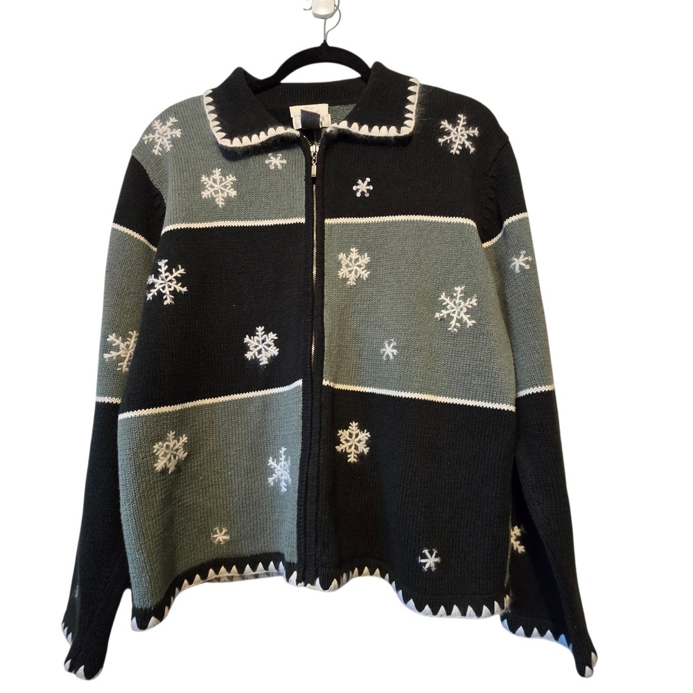 Vintage Christopher Banks Embroidery Snowflake Sweater Cardigan Womens LG Green